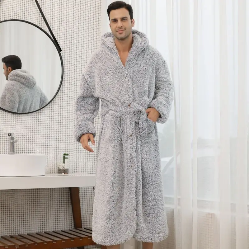 Winter Luxury Double Layer Flannel Men Robe Hooded Nightgown Thick Coral Fleece Belt Botton Super Long Loungewear Loose Bathrobe
