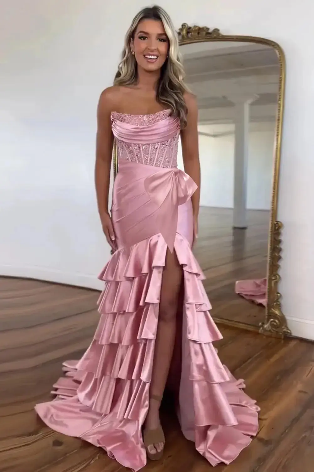 

Tiered Satin Mermaid Prom Dresses for Women Long Corset Strapless Formal Gowns and Evening Dresses with Slit