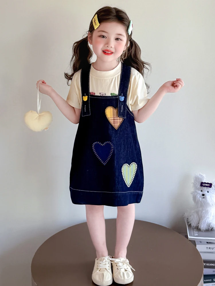 

Girls' Summer Suit2026New style dress for children, summer outfit for little girls, baby short-sleeve denim suspender dress