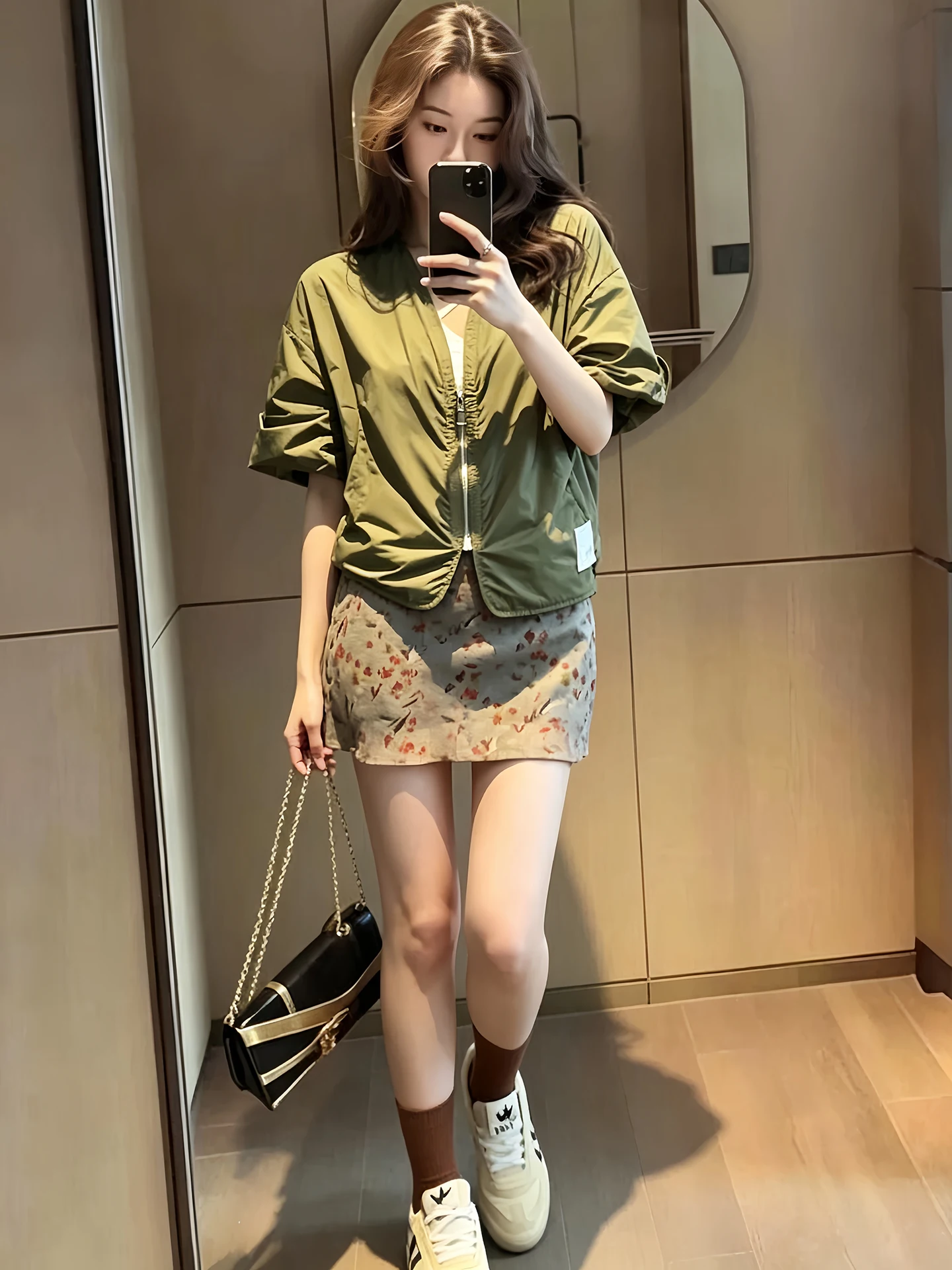 

Fashionable Slimming Long Sleeve Zipper Jacket And Printed Short Skirt Set Summer 2026 Women's Commute Style High Waist V-Neck