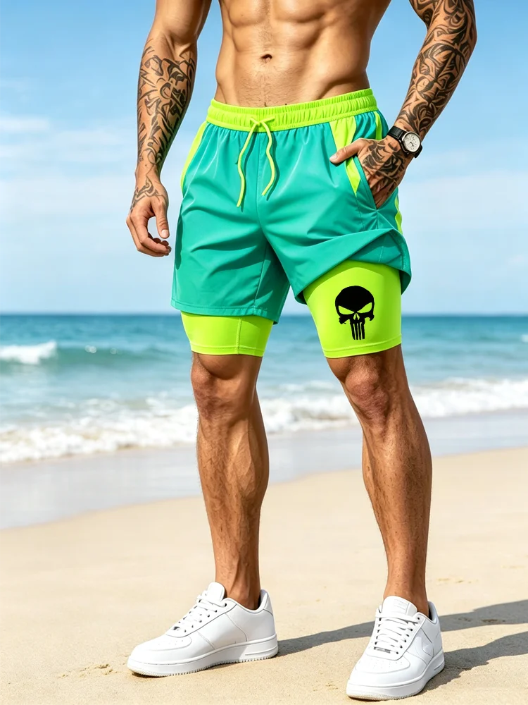 Men's Summer Leisure Fitness Sports Surfing Comfortable Men's Double layer Quick drying Printed Running with Pocket