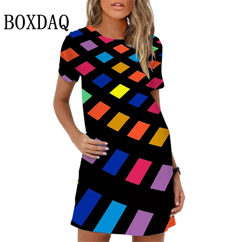 New Women's Dress Circular Grid Pattern Gradient Printing Elegant Casual O-Neck Short Sleeve Summer Dresses Y2k Women's Clothing