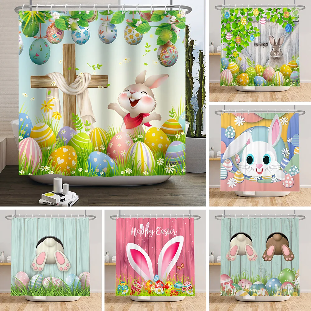 

Bunny Colorful Egg Shower Curtain Bathroom Easter Decor Spring Cross Lily Waterproof Shower Curtain with Hooks Bathtub Partition