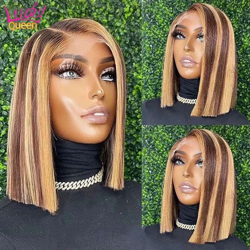 

Highlight Blonde Straight Bob Human Hair Wig Pre_Plucked 13X4 Lace Frontal Human Hair Wigs P4/27 Bob Wig For Woman 180density