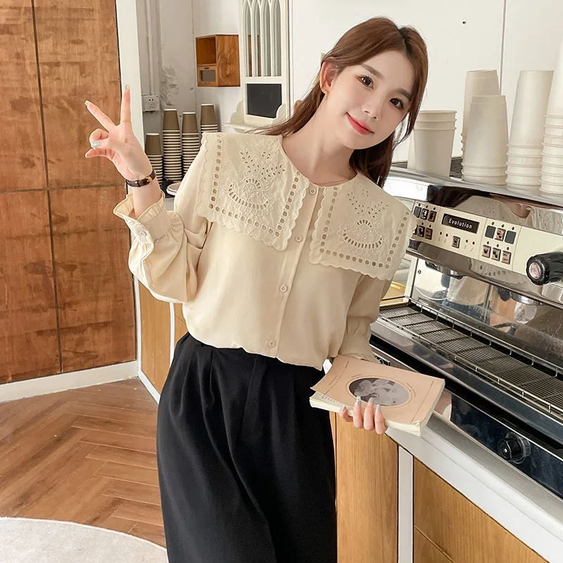 Women Clothing Korean Version Chic Elegant Long Sleeve Shirt Autumn Fashion Casual Square Collar Blouse Hollow Out Embroider Top