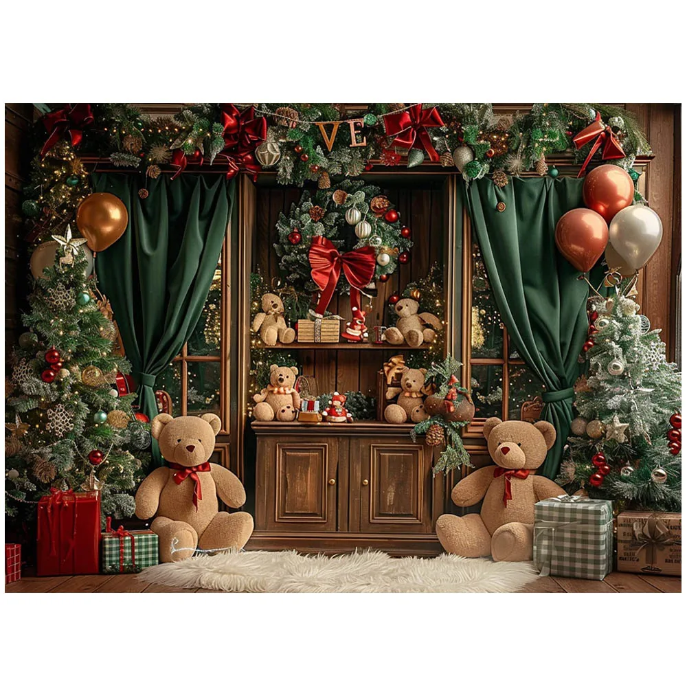 Mocsicka fondo de Navidad para fotografía, guirnalda de gabinete de madera, árbol de Navidad, oso, caja de regalo, fondos de fotos para bebés y niños, sesión fotográfica
