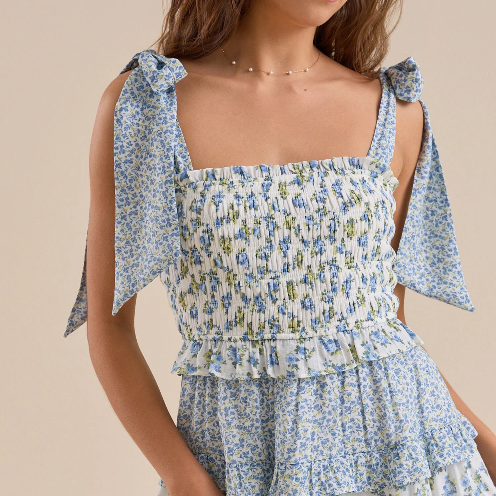 Combhasaki Women Wide Shoulder Straps Bow Tied Summer Sleeveless Floral Print Smocked Bust Ruffled Short Flowy A-line Tank Dress