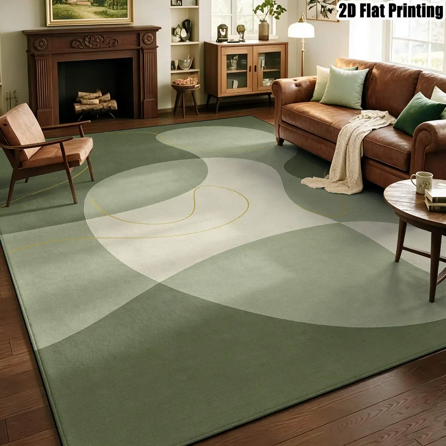 1Pc 2D Printed Olive Green Abstract Geometric Nordic-Style Carpet, Instagram-Inspired Modern Minimalist Floor Mat, Machine Washable, Multi-Size, Suitable for Entrance, Dining Room, Foyer, Bedroom, Living Room Home Decor