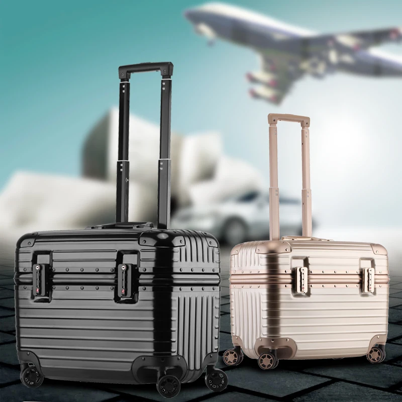 ファッショナブルなアルミフレーム旅行スーツケース 17 インチのラップトップサイズユニセックスパスワードロック機内持ち込みバッグ旅行用 4 ウェイホイール