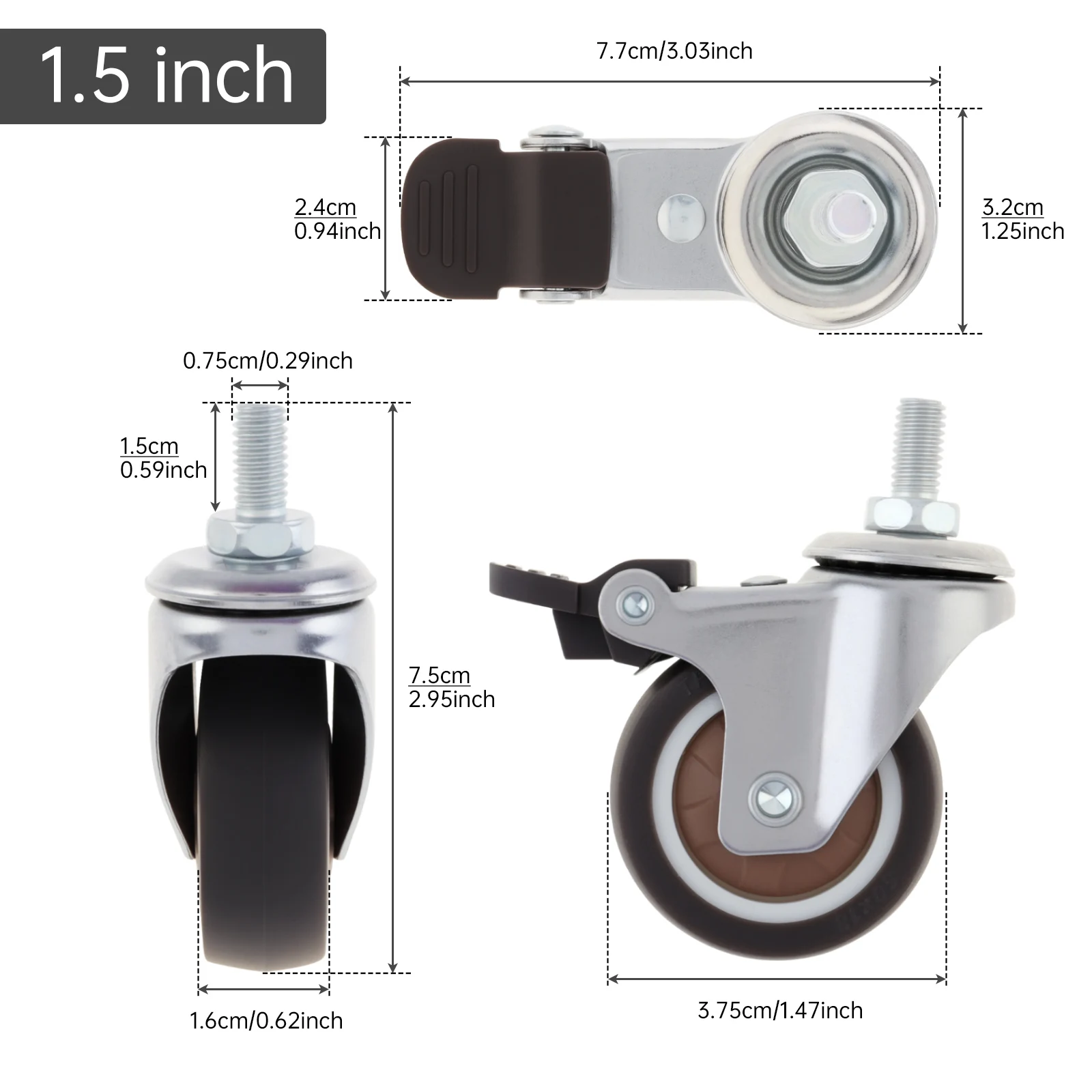 4pcs 1/1.25/1.5/2 inch Metal Top TPR Rubber Small Ball Bearings Wheel Casters Set for Furniture / Cabinet / Table with Brakes