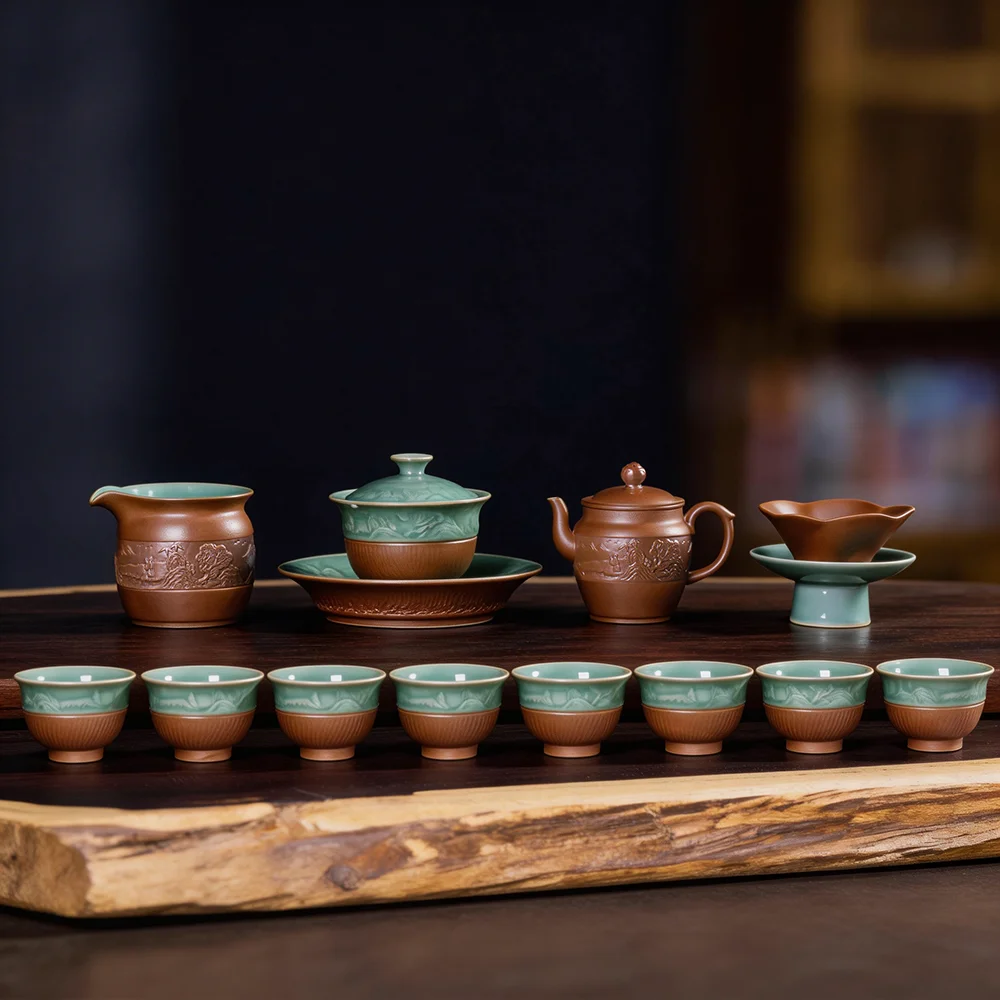 Longquan Celadon Tea Set 14-Piece Gongfu Tea Set Dual Glaze Handmade Chinese Tea Set