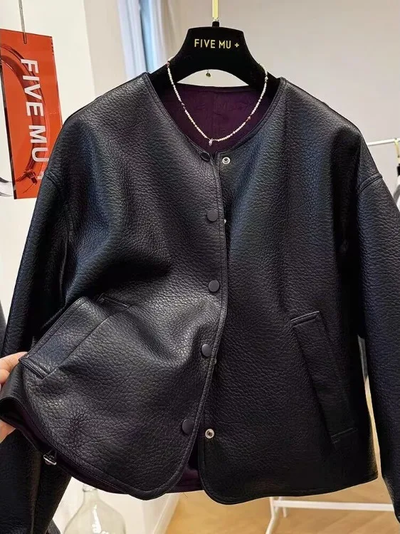 

Двусторонняя фиолетовая кожаная куртка Ele для женщин, модная, в стиле ретро, с длинными рукавами, короткое пальто, теплое, с узором под кожу личи