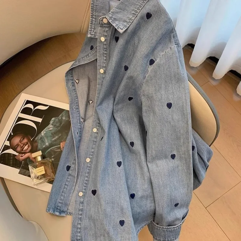 

Oversize Heart Print Lapel Neck Jackets 2025 Early Autumn New Shirt Coat Women Y2k Loose Long Sleeve All-match Tops Mujer