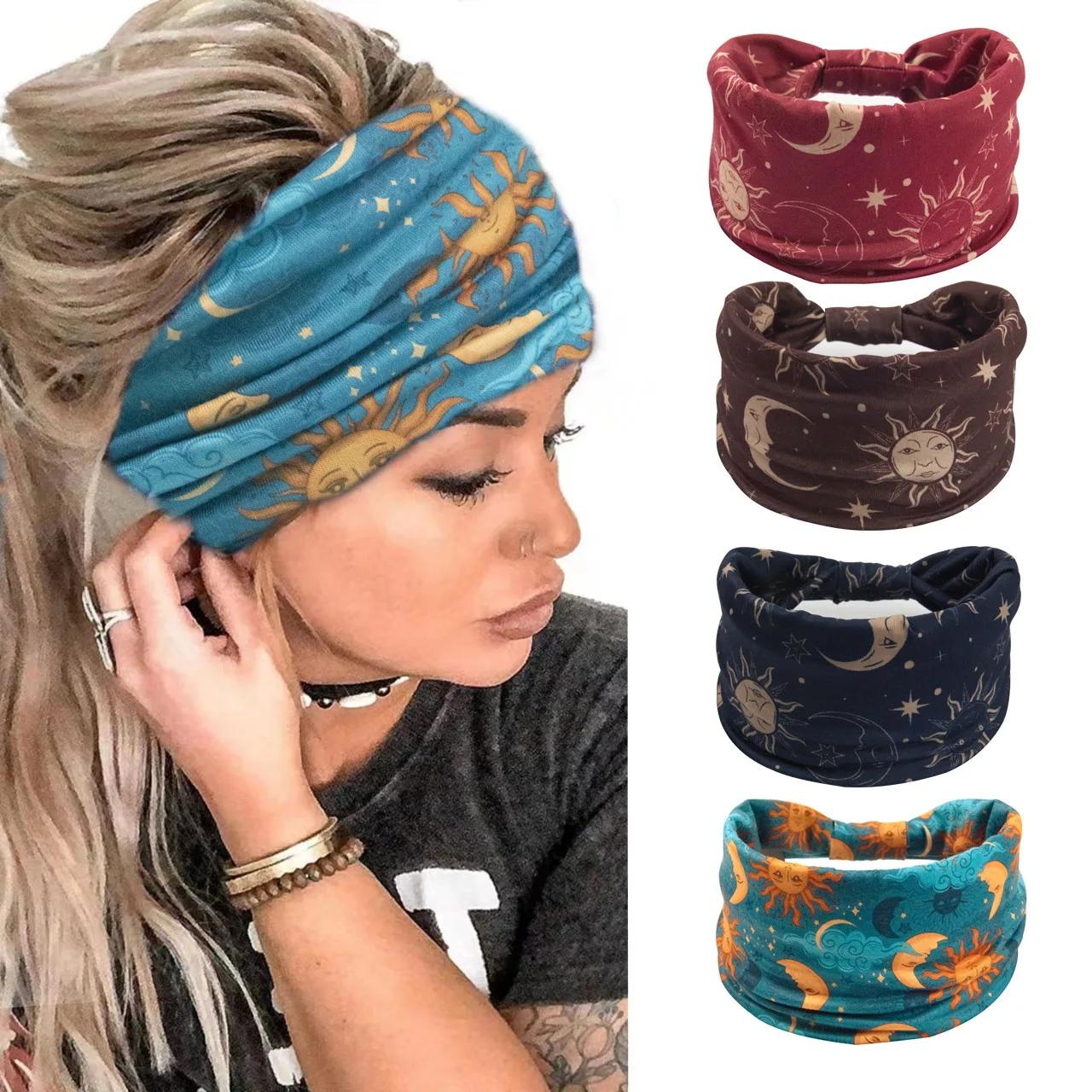 Women Headbands Stars Moon Wide Knotted Headband Non Slip Wraps Elastic Yoga Turban Fashion Hair Band Hair Wrap Hair Accessories