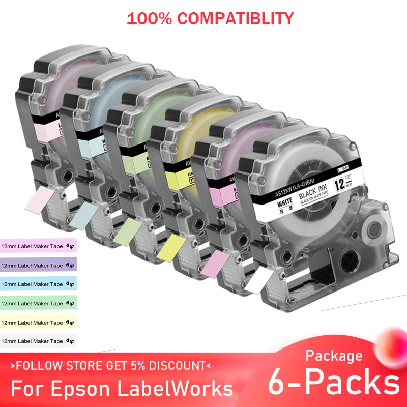 6pack 6 Mixed Colors Compatible for Epson Label Tape 12mm 1/2