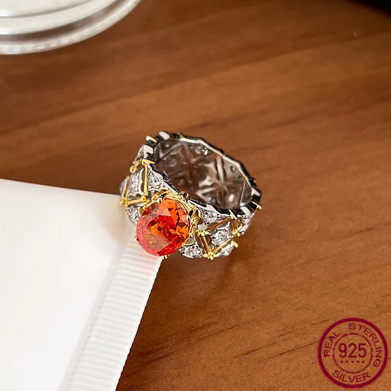 Nuevo Anillo naranja Fanta de plata pura S925 retro europeo y americano de 7*9mm, joyería de boda de estilo socialité