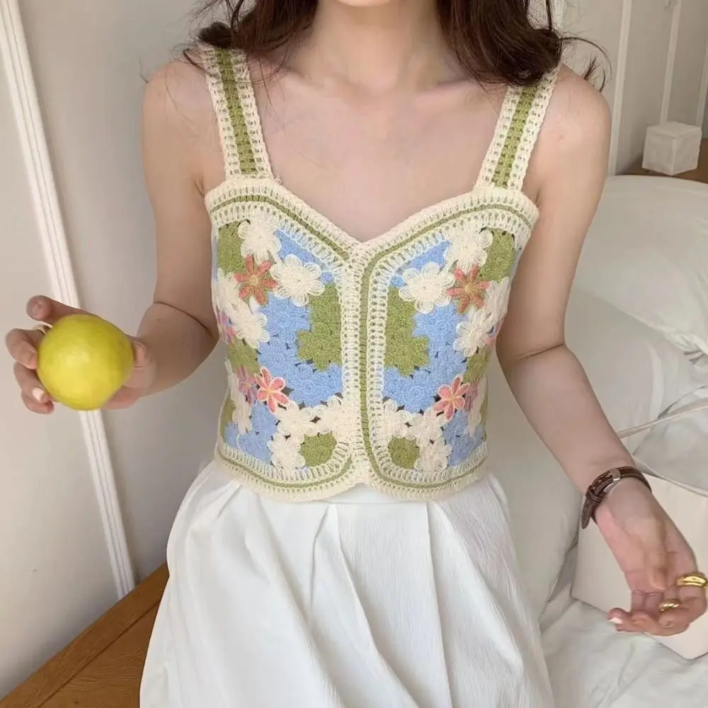 

Knitting Floral Embroidery Sweet Casual Hollow Out Crop Tops Bohemia Tank Tops Women Cotton Camisole Korean Sleeveless Garment