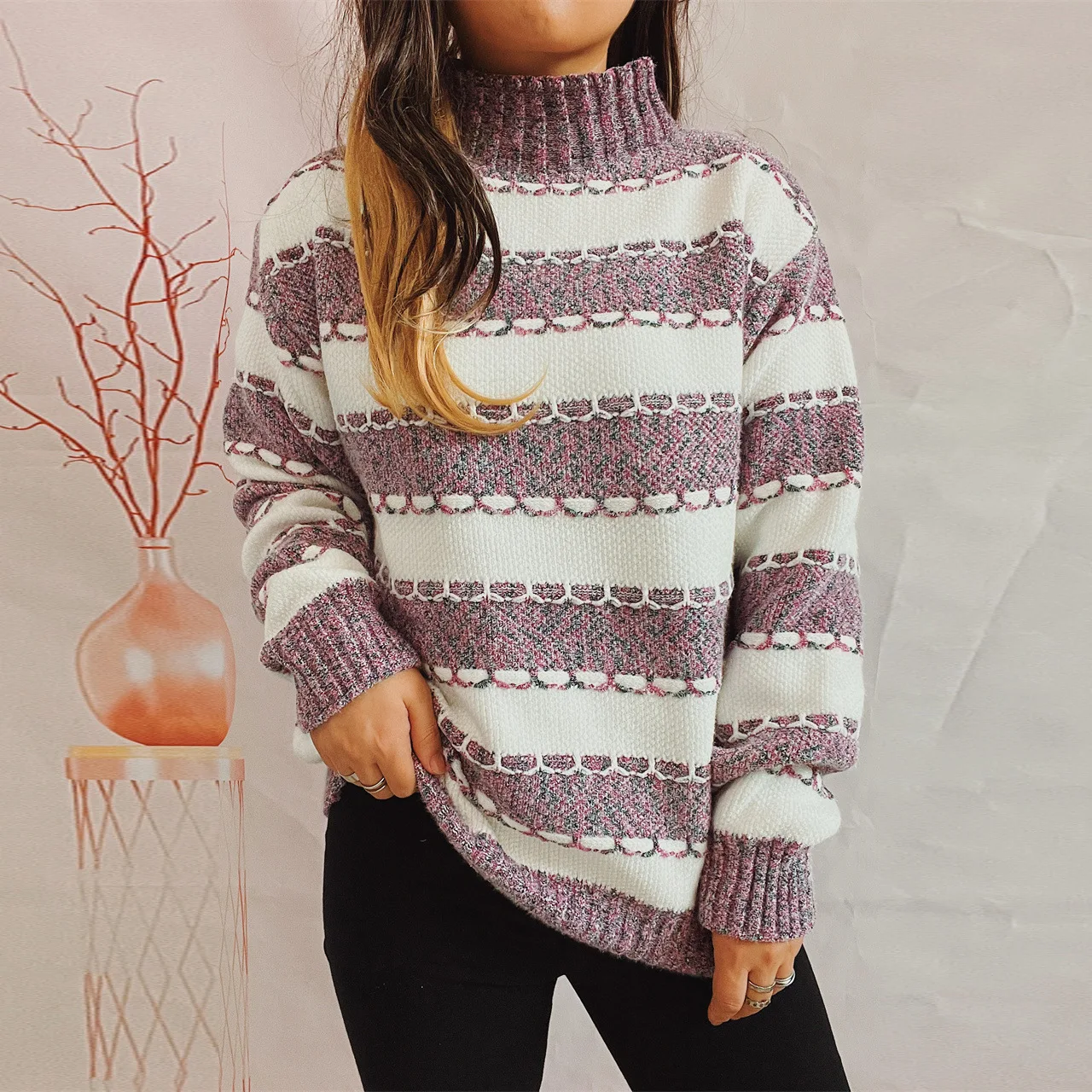 2024 Autumn/Winter New Chenille Half High Collar Contrast Stripe Knit Pullover Thickened Sweater