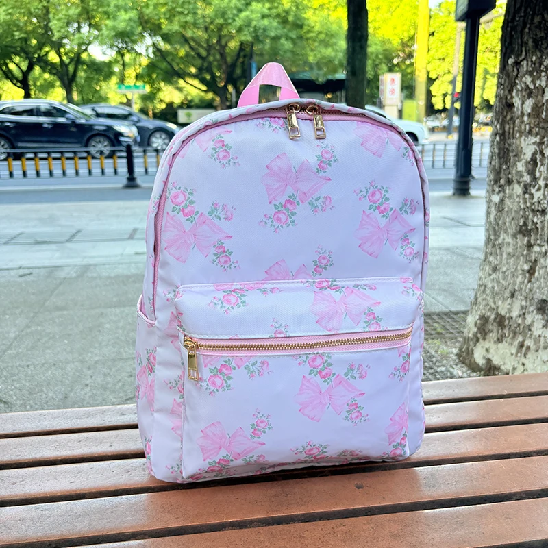 Large Capacity Pink Waterproof Backpack Floral Bowknot Nylon Backpack Bow Printed Flower for Women Girl Customizable Pattern