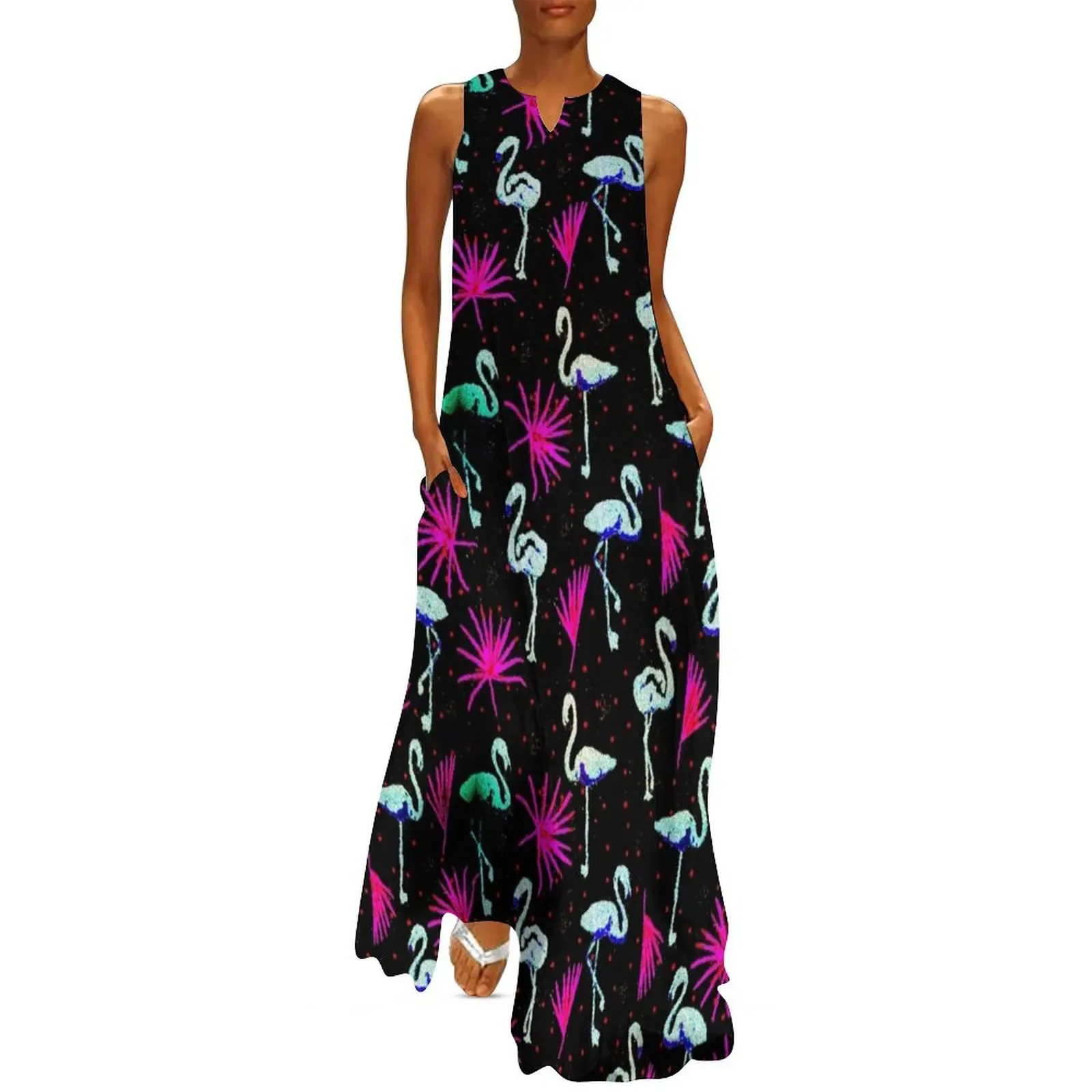 Black Pink Blue Neon Yard Flamingos Static Grain Long Dress evening dress african dresses for woman women's summer jumpsuit