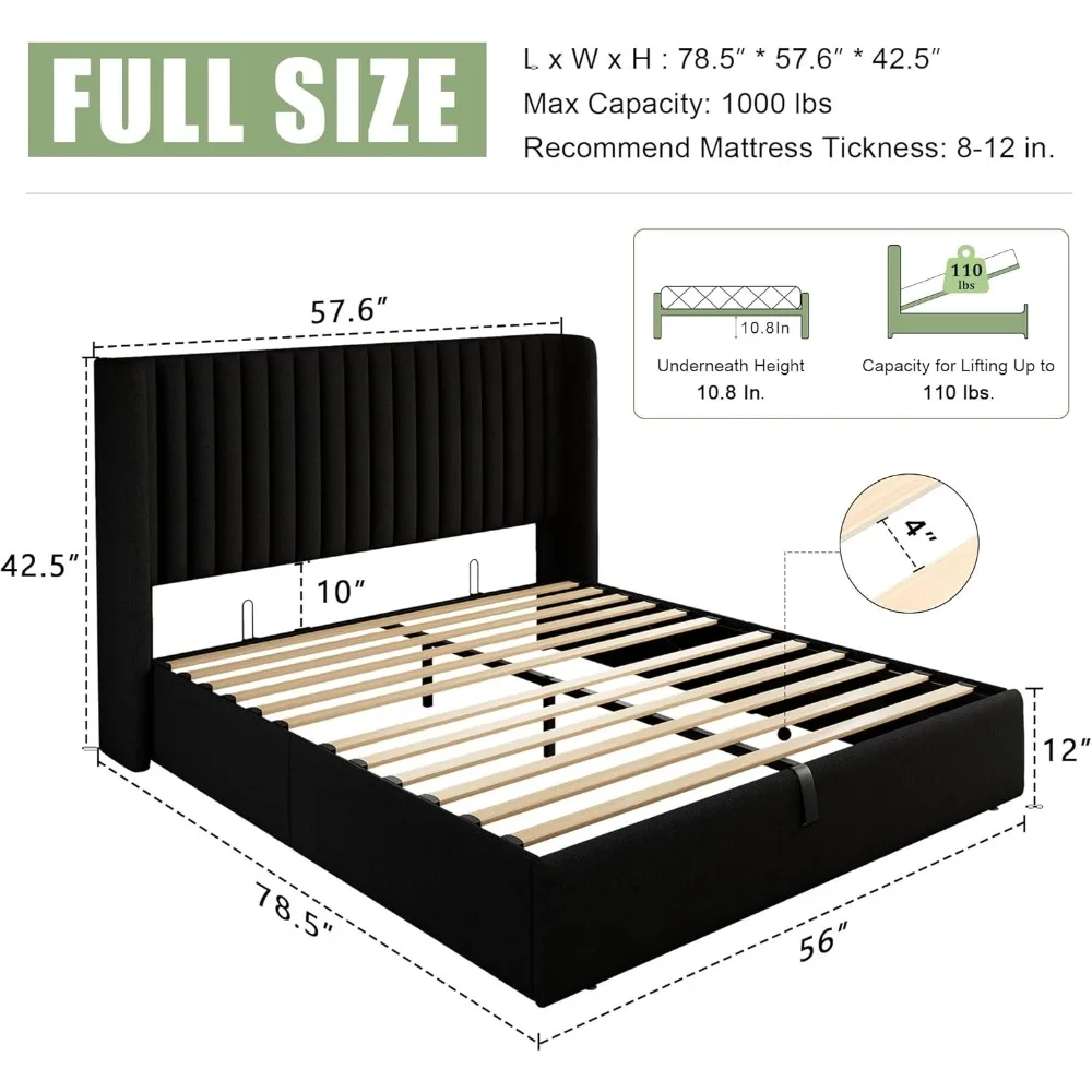 إطار سرير تخزين كبير الحجم من Feonase، سرير بمنصة منجدة من الكتان مع لوح رأسي مجنح، تخزين هيدروليكي، بدون صندوق S #2