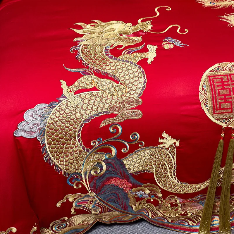 4/6/8/10Pcs Red Luxury Chinese Wedding Style Dragon Phoenix Embroidery Bedding Set 100% Cotton Duvet Cover Bed Sheet Pillowcases