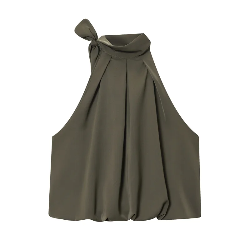

Women's Top 2025 Autumn New Style Army Green Sleeveless Halter Top with Bow Decoration Sexy Fashionable and Unique