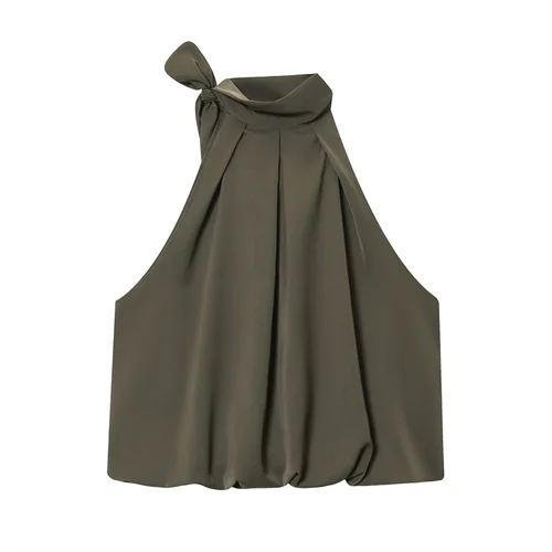 Top de mujer 2025 otoño nuevo estilo verde militar sin mangas Halter Top con decoración de lazo Sexy a la moda y único