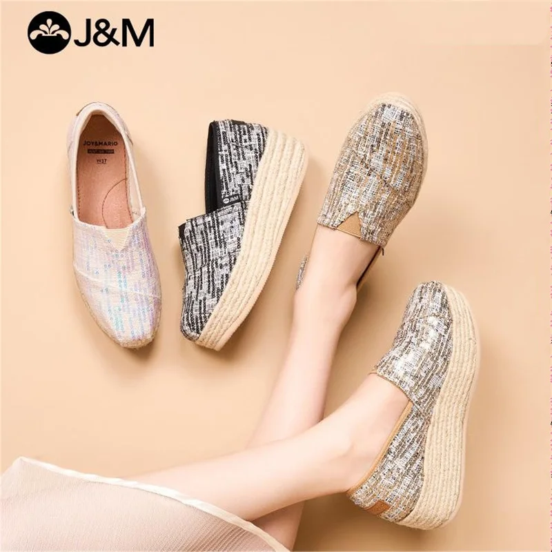 J&M Casual Shoes Women Loafers Wedges Fashion Sequins Espadrilles Shoes Summer Platform Slip-on Fisherman Shoes Black Sneakers