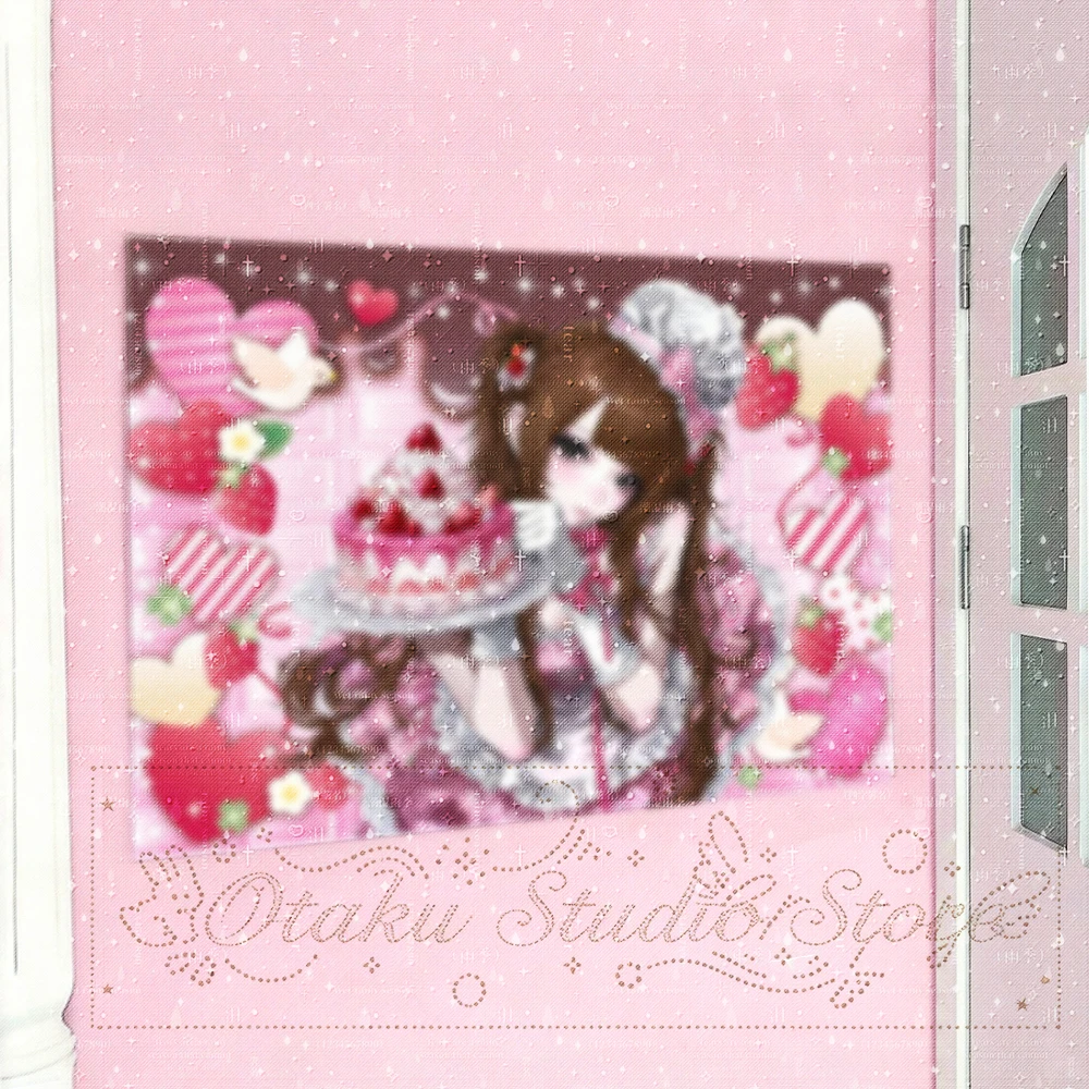 Y2K sweet anime tapestry ももいろ，twin tail pastry girl wall hanging, pink gingham frill outfit, strawberry cake heart print, girly