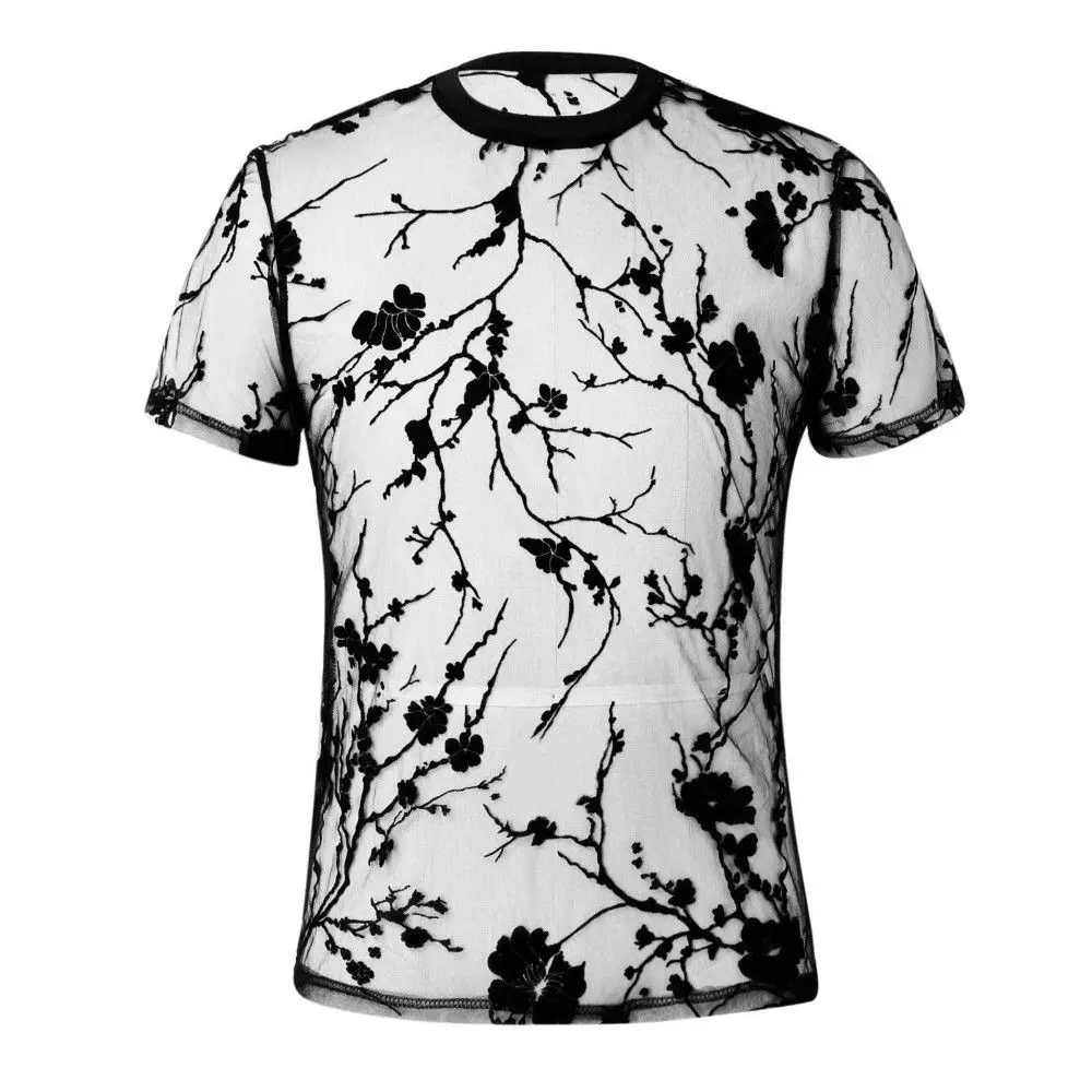 Breathable Mesh Fabric Floral Flocking Mesh T-Shirt Soft Flocking Ultra-thin See-Through Net Top High Breathability Slim Fit