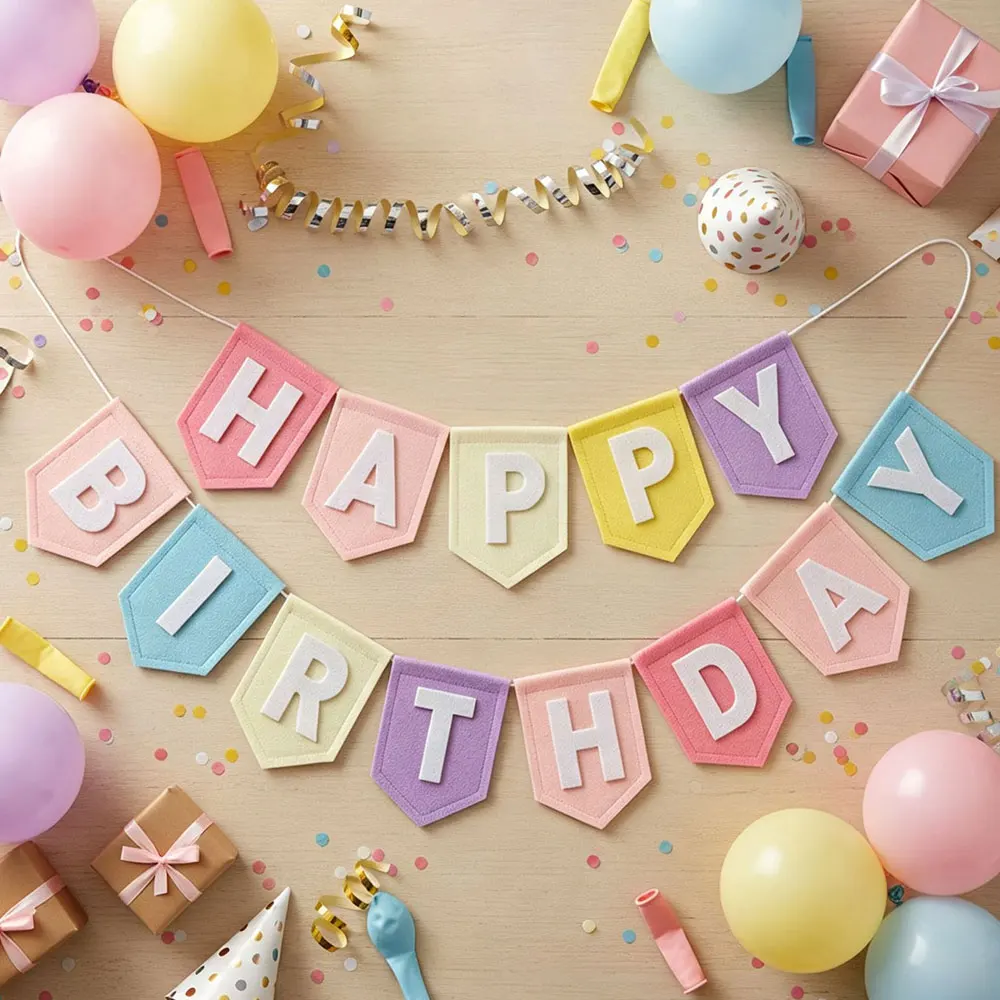 Felt Happy Birthday Garland Banner Macaron Pastel Colourful Birthday Garland Birthday Party Decoration Backdrop