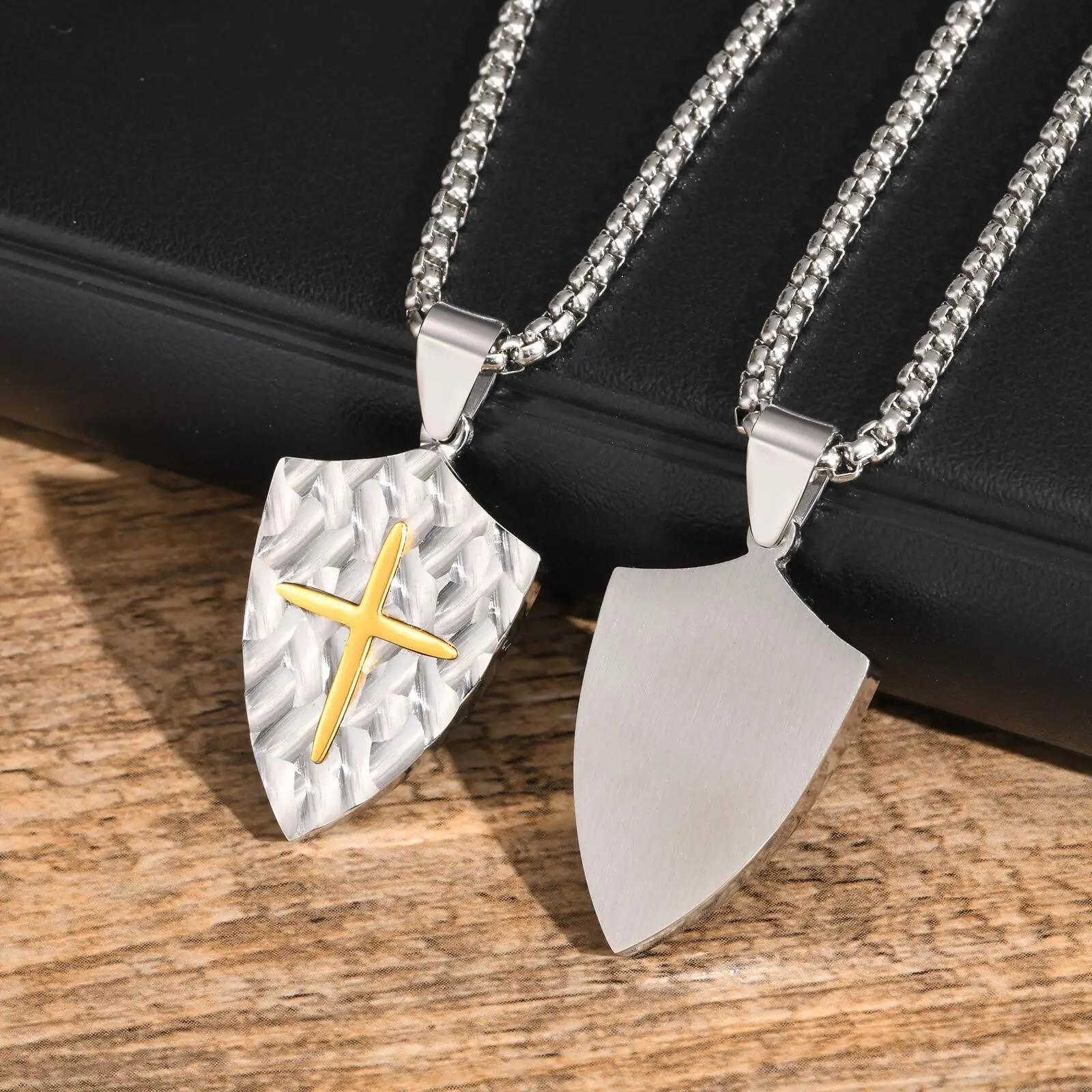 Exquisite Shield Pendant Necklaces for Men Boys,Stainless Steel Cross Image Necklace,Jewelry Gift for Husband Boyfriend Father