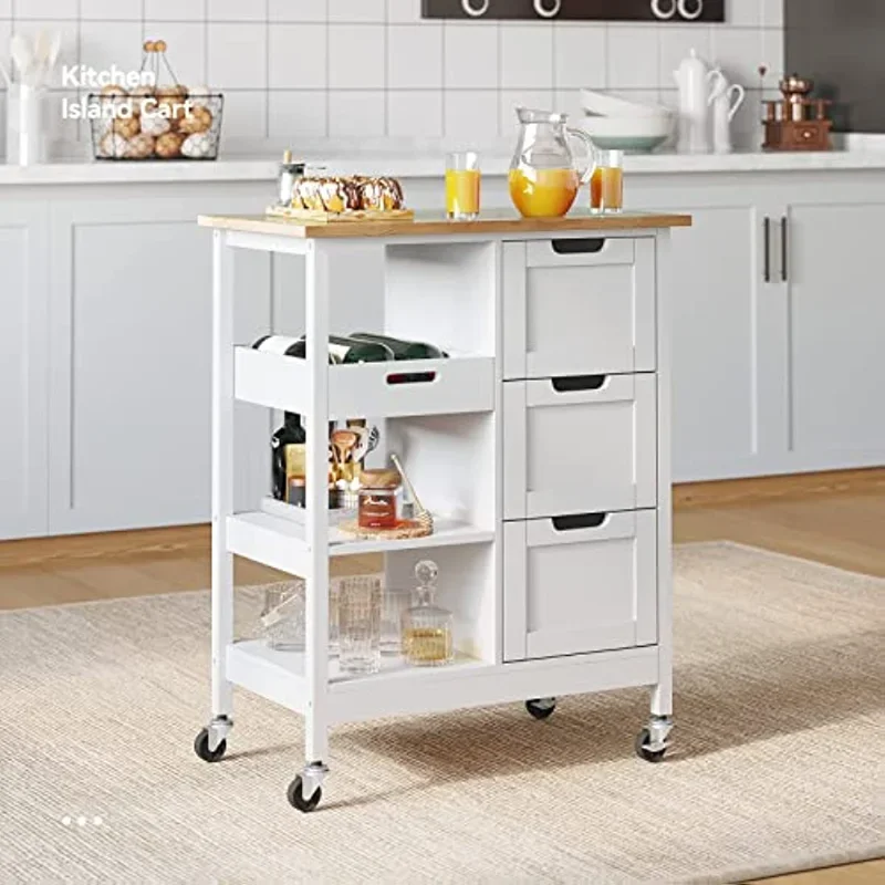 

Kitchen Island Cart with Storage Rolling Serving Utility Trolley Cart on Wheel with 3 Drawers and 3 Storage Shelves