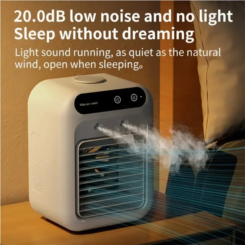 Portable mini desktop air conditioner fan, low noise, powerful humidifier and cooling function, USB charging, transparent design