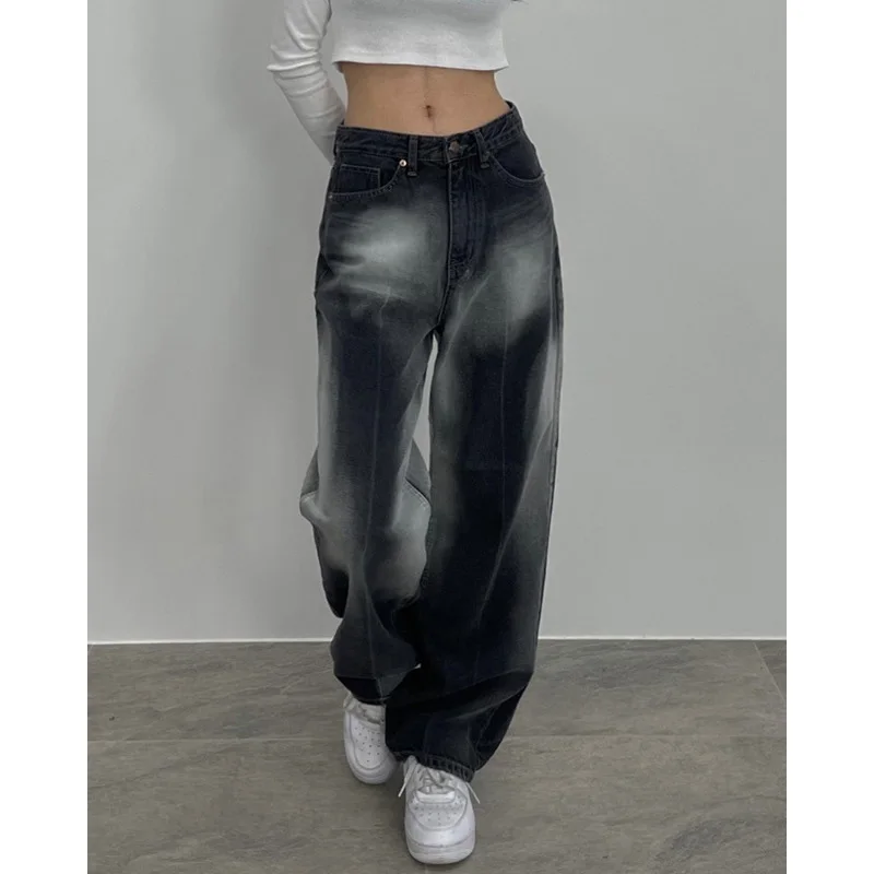 street style fashionable halo dyed contrasting jeans Low waisted washed pocket loose wide leg pants Slimming pants