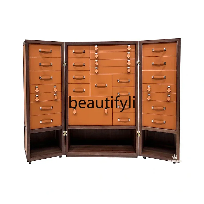 

Italian light luxury orange jewelry cabinet modern high-end saddle leather walnut floor jewelry storage cabinet