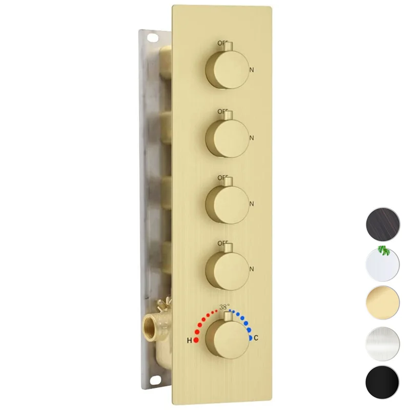 

Contemporary 4-Way Thermostatic Shower Valve Brushed Gold Polished Brass 4 Outlet Shower Diverter Mixing Ceramic Rain Concealed