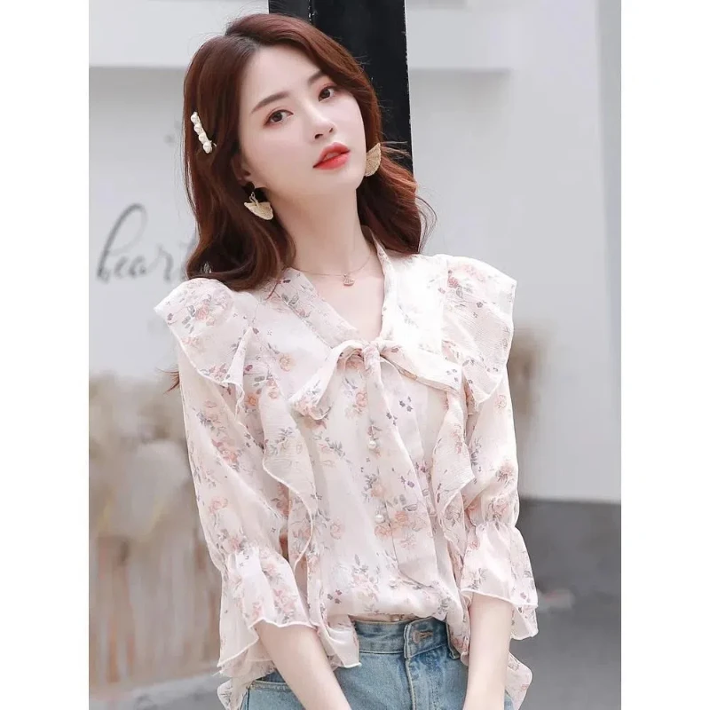 Western Style Chiffon Top for Women a Fairy Like Floral Chiffon Shirt with Ruffled Edges and Seven Quarter Sleeves