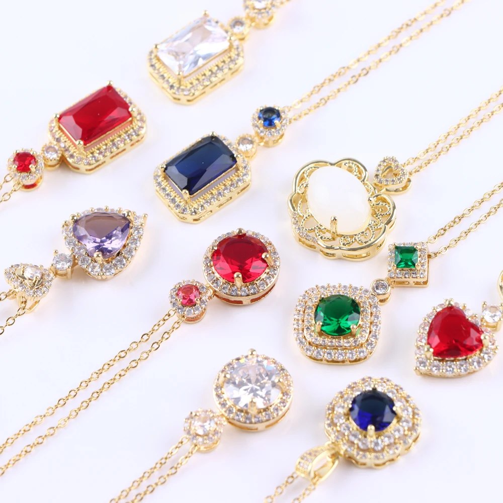 10Pcs/Lot Fashion Vintage Heart Rhinestone Pendant Women's Necklace Shiny Zircon Stainless Steel Chain Jewelry Gifts Mixed Style