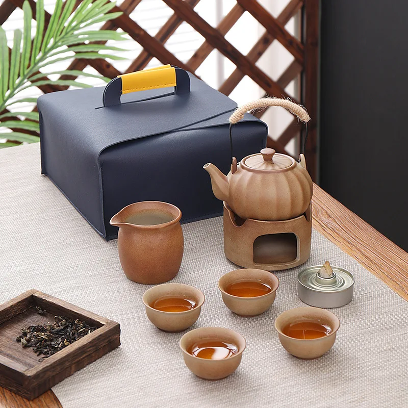 

Outdoor gift set for Japanese style portable retro tea pot, travel kung fu Chinese tea set, cup, alcohol burner