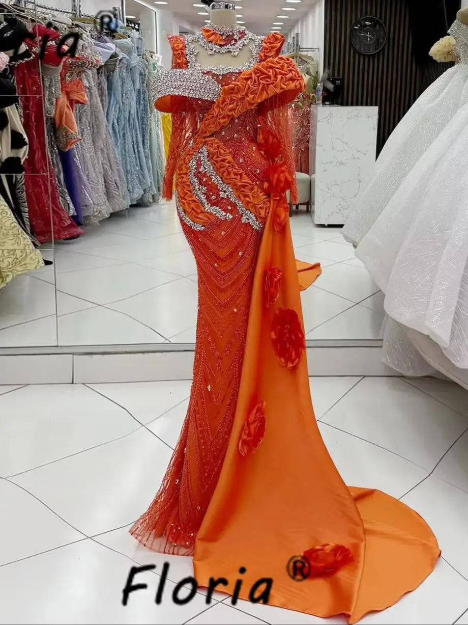 

Luxury Dubai Orange Party Dresses Crystal 3D Flowers Appliques Mermaid Evening Celebrity Prom Gowns Customized robes soirée 2025