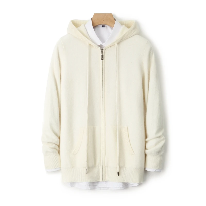 

New autumn and winter men's Merino cashmere hooded cardigan long sleeved zipper knitted sweater casual soft high-quality top