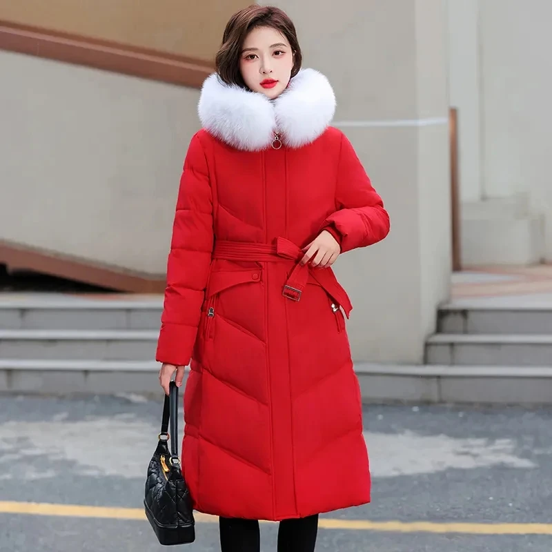 リアルファー襟付きホワイトダックダウンジャケット レディース 2025年冬新作 レースアップ 厚手 フード付きダウンコート 女性用 ロング丈 暖かいパーカー オーバーコート