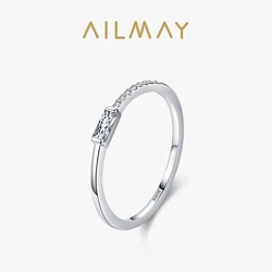 Ailmay Genuine 925 Sterling Silver Personality Simple Rectangle Clear Zircon Rings Fine Female Fashion Engagement Jewelry