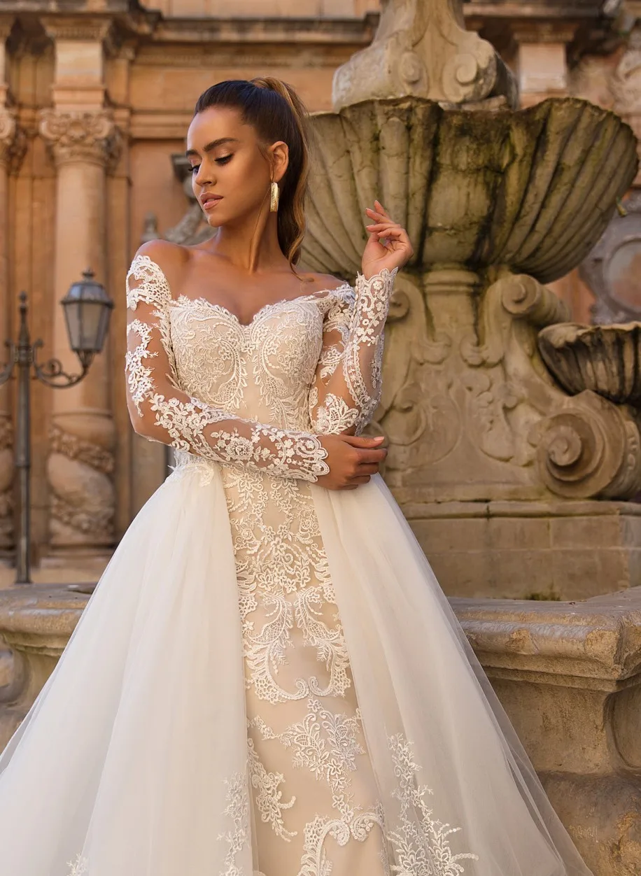 Robe de mariée sirène Sexy, épaules dénudées, dentelle, manches longues, bouton au dos, traîne détachable, nouvelle collection 2022