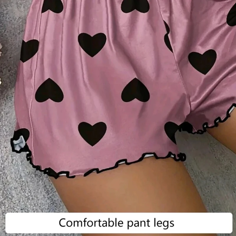 Damen-Pyjama-Set, Pyjama, T-Shirts, Shorts, rosa, herzförmiger Druck, Rundhals-T-Shirt, Eisseiden-Oberteil, bequem, lässig, Sommer – Detail 6