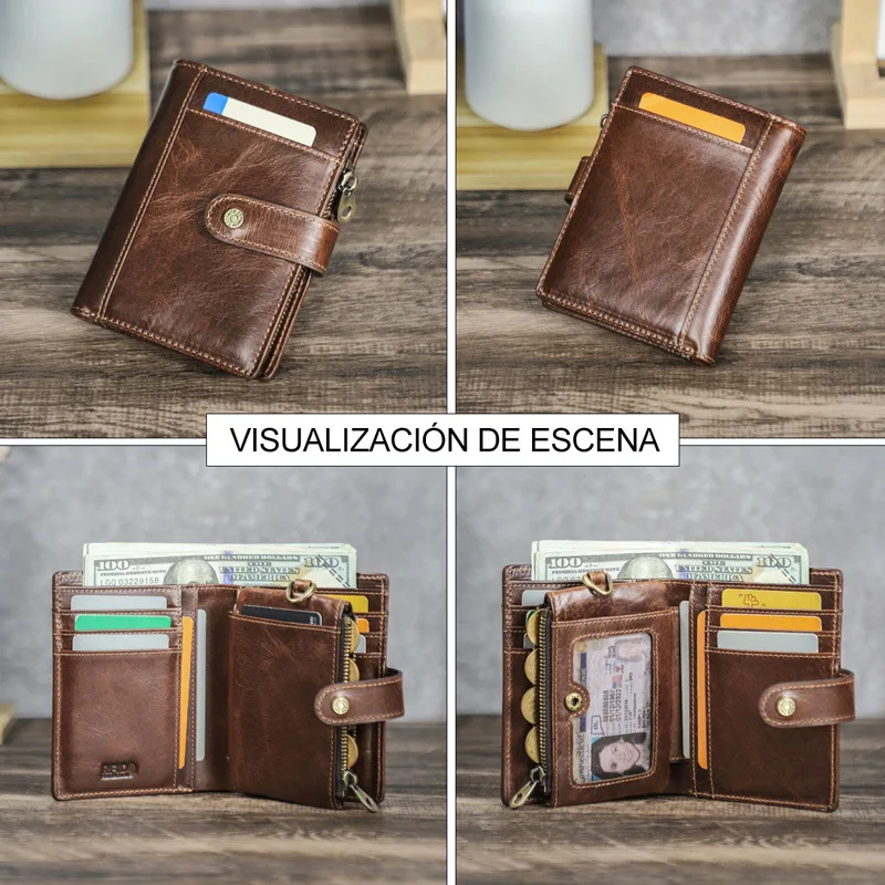 RFID anti-theft brush three-fold men's wallet, genuine leather multi-slot multi-functional high-end business wallet