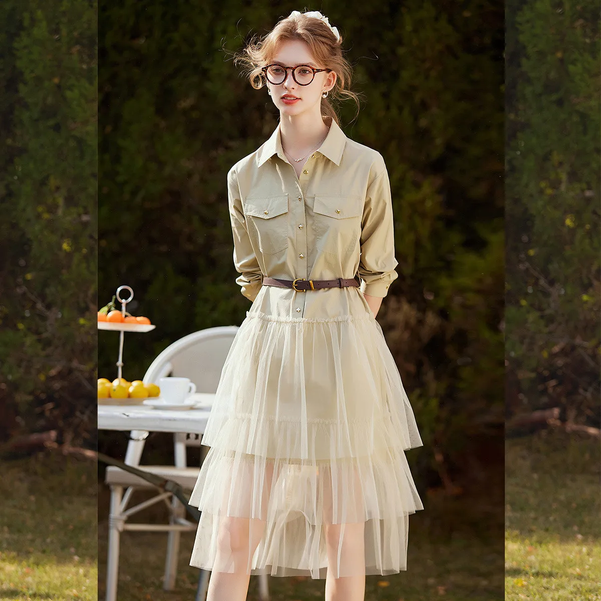 Fashion Mesh Splicing Women Dress Elegant Shirt Collar Half-Placket Detachable Belt Long Sleeve Dress Spring New 2025
