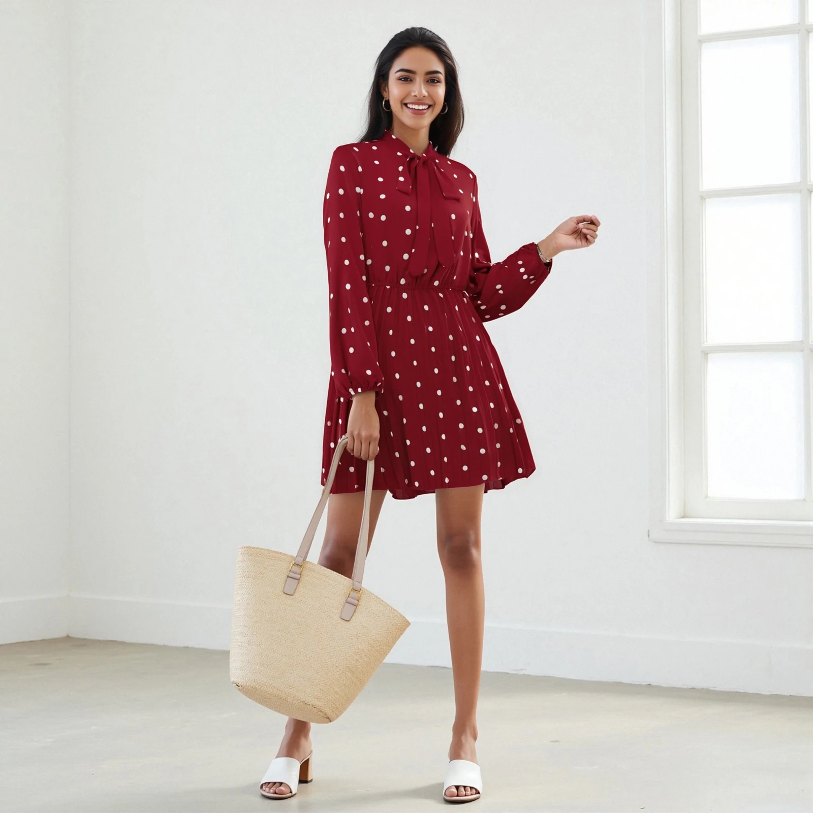 Nuove donne di moda autunno abito al ginocchio manica lunga allacciatura stampa a pois abito camicia in vita smock vendita calda S-XL